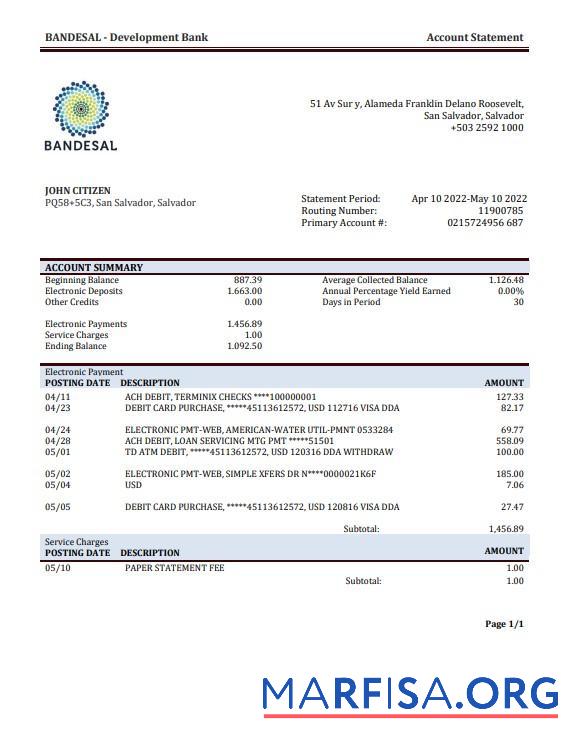 Downloadable Salvador Bandesal bank statement word download for verification